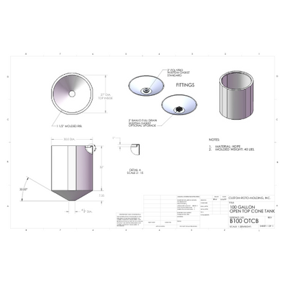 100 Gallon Custom Roto-Mold Open Top  Plastic Cone Bottom Tank (MPN 100 OTCB)