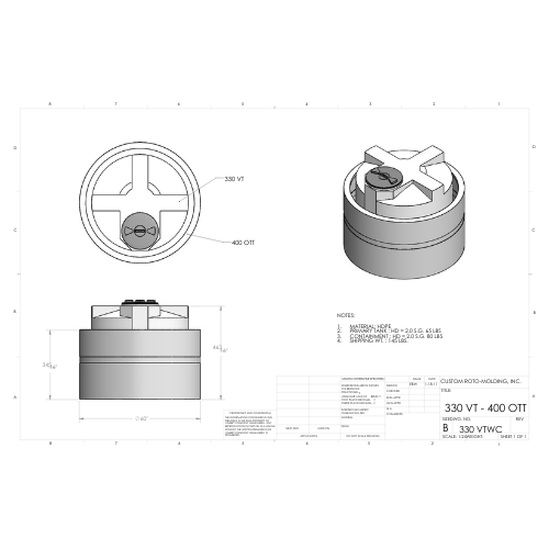 330 Gallon Custom Roto-Mold Plastic Vertical Tank w/ Lid And 400 OTT Containment (MPN 330 VTWC)