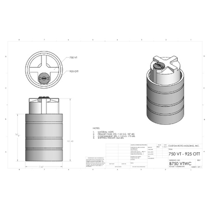 750 Gallon Custom Roto-Mold Plastic Vertical Tank w/ Lid And 925 OTT Containment (MPN 750 VTWC)