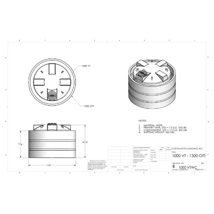 1000 Gallon Custom Roto-Mold Plastic Vertical Tank w/ Lid And 1300 OTT Containment (MPN 1000 VTWC)