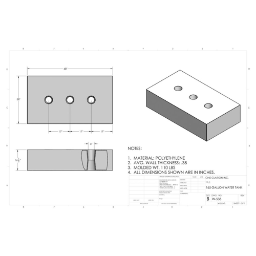 165 Gallon Custom Roto-Mold RV Water Tank (MPN: W-538)
