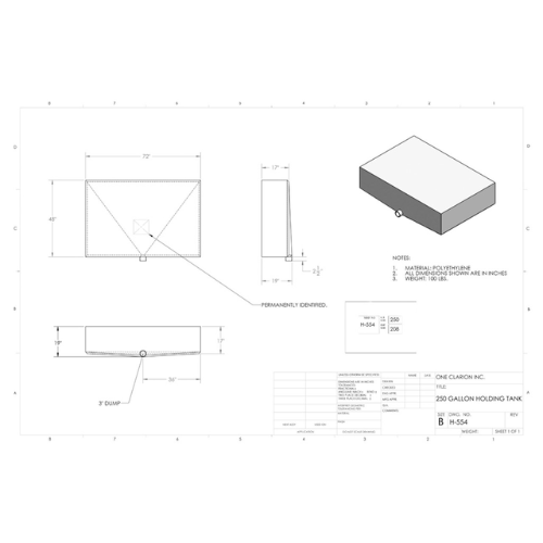 250 Gallon Custom Roto-Mold RV Holding Tank (MPN: H-554)