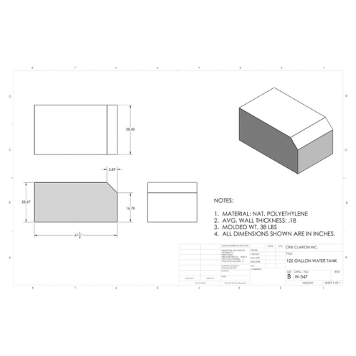 125 Gallon Custom Roto-Mold RV Water Tank (MPN: W-547)