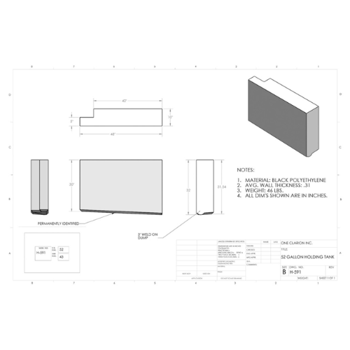52 Gallon Custom Roto-Mold RV Holding Tank (MPN: H-591)